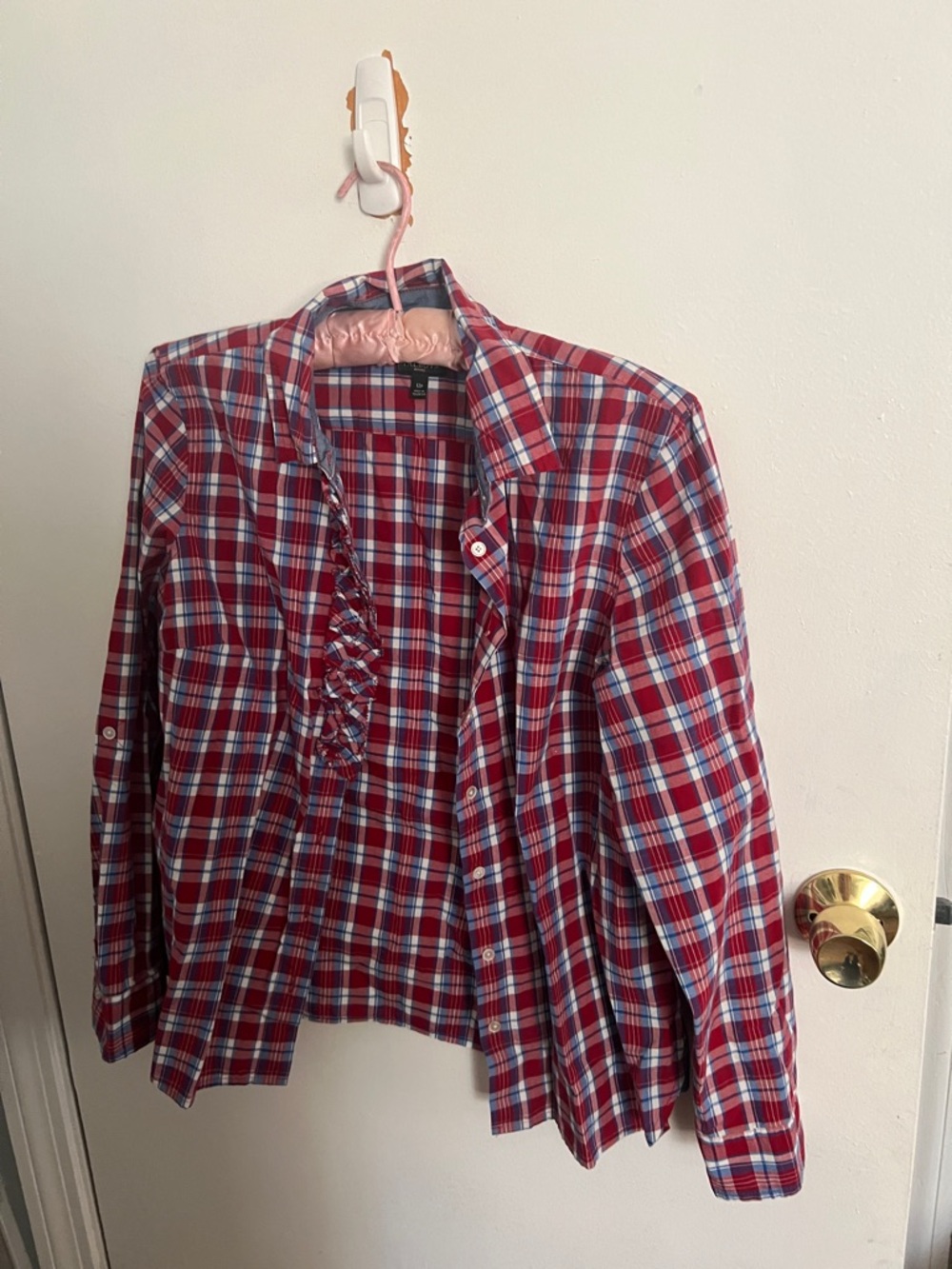 Talbots Red Plaid Button-Front Ruffle Blouse